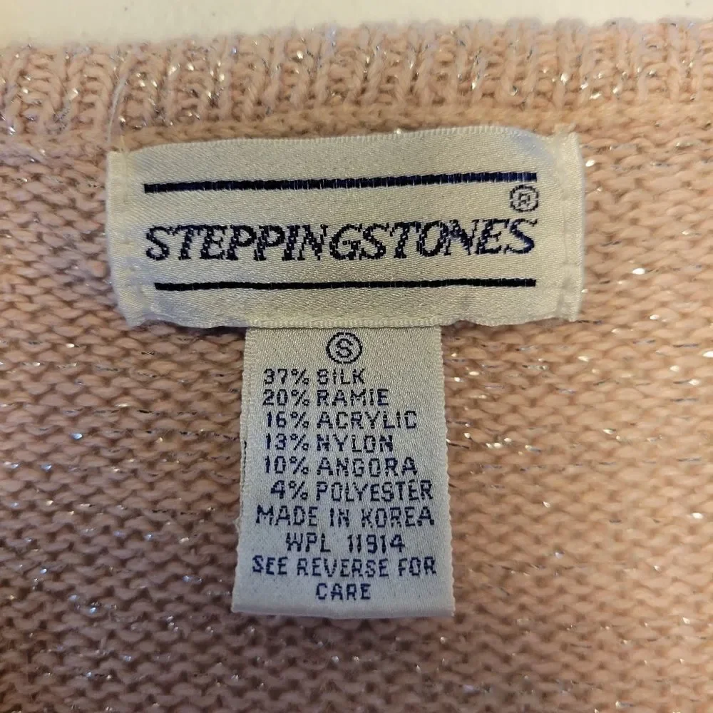 Stepping Stones Vintage Light Pink Silk Angora Blend Pearl Sequin Bow on Front - Picture 10 of 11